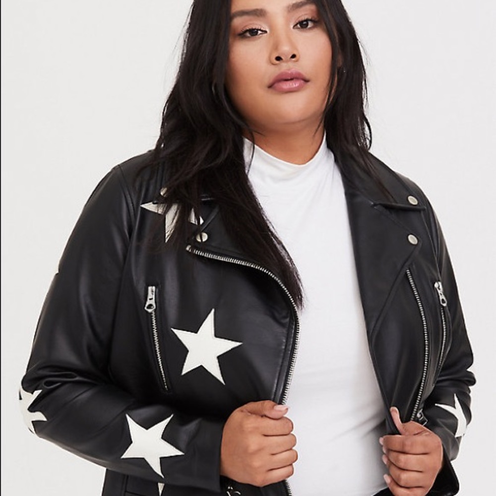 NWT Black Faux Leather & White Star Moto Jacket